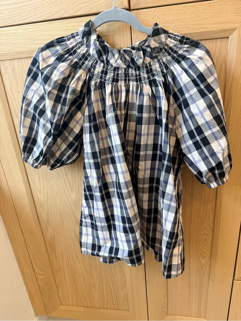 J. Crew Navy and White Plaid Smocked Neck Puff Sleeve Top